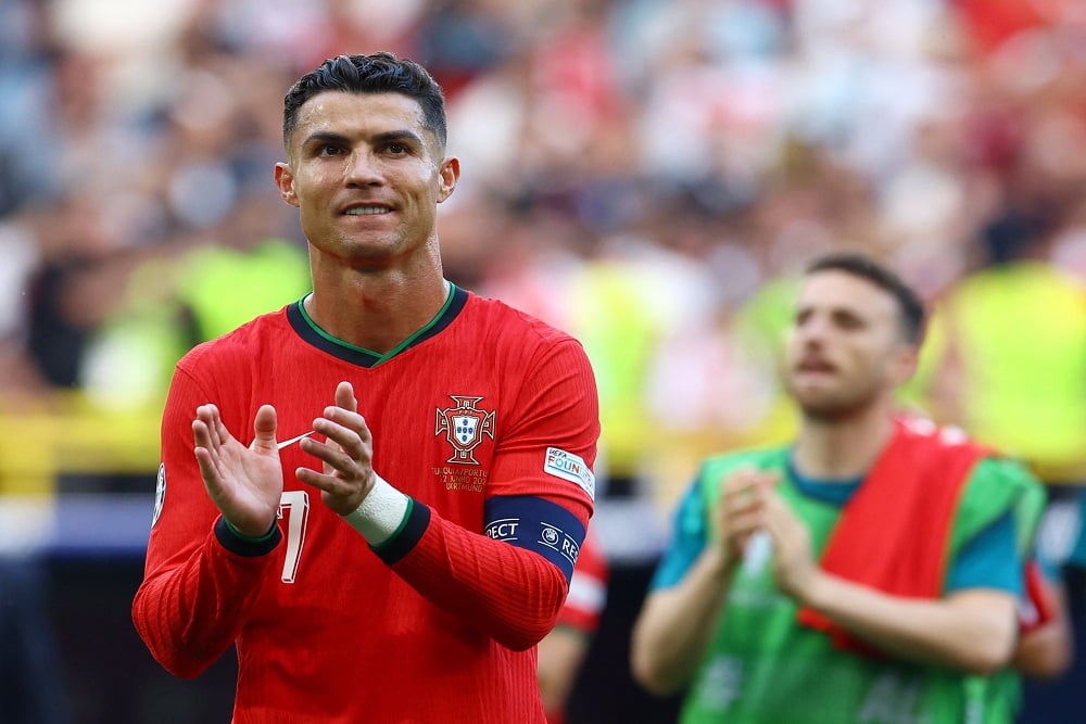 Kapten Timnas Portugal Cristiano Ronaldo di Euro 2024.Hasil Portugal vs Slovenia: Skor Masih Seri, Ronaldo Cs Mati Kutu (Menit 20)  / Reuters-Bernadett Szabo